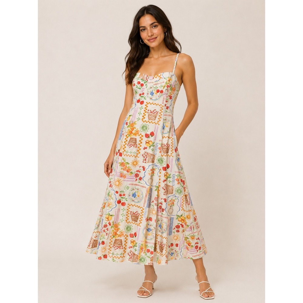 Le Lis Collection Picnic Midi Dress Cream Fruit Print Linen Blend Size L SD2941